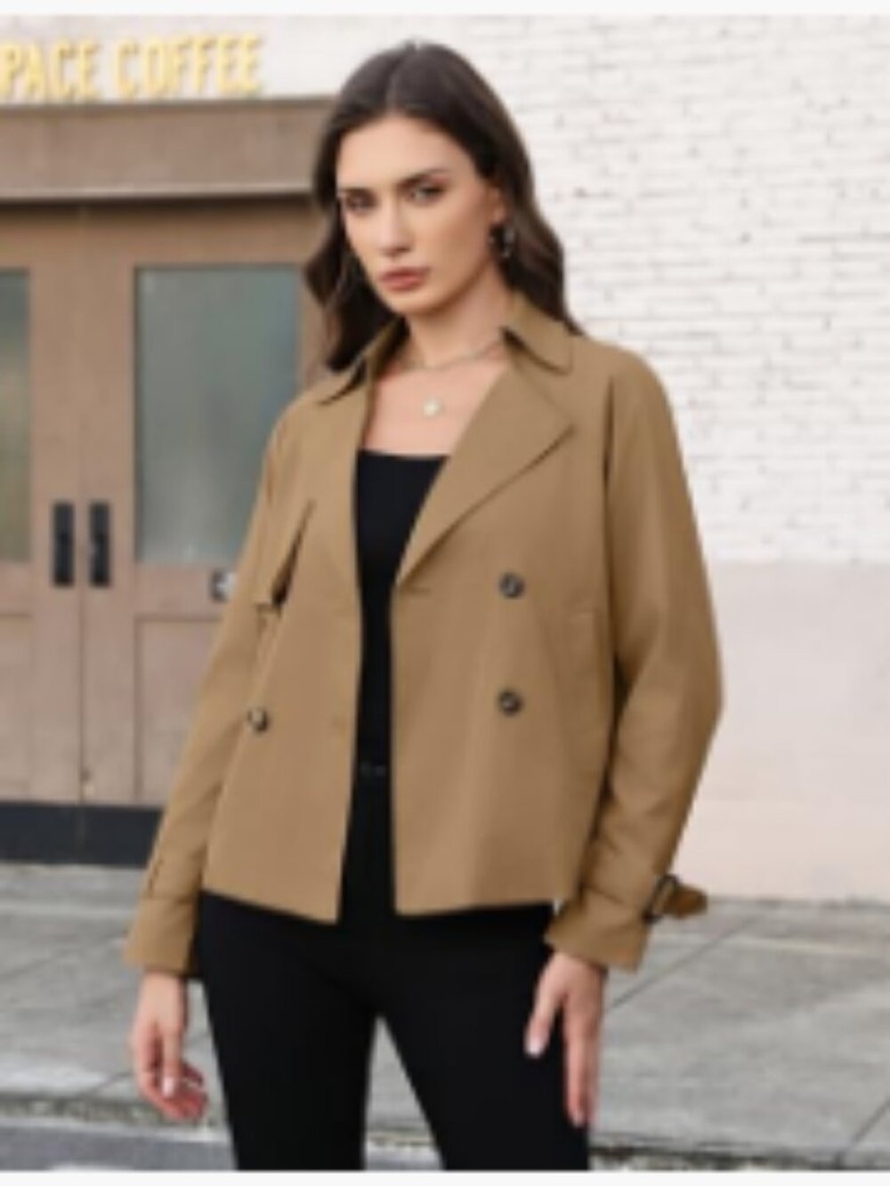 Cropped Trench Coat Double Breasted Casual Jacket 100% Polyester - Picture 2 of 7